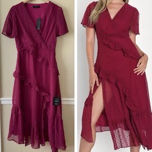 NEW Lulus Next to You Plum Swiss Dot Ruffled Midi Dress Pink Size Small